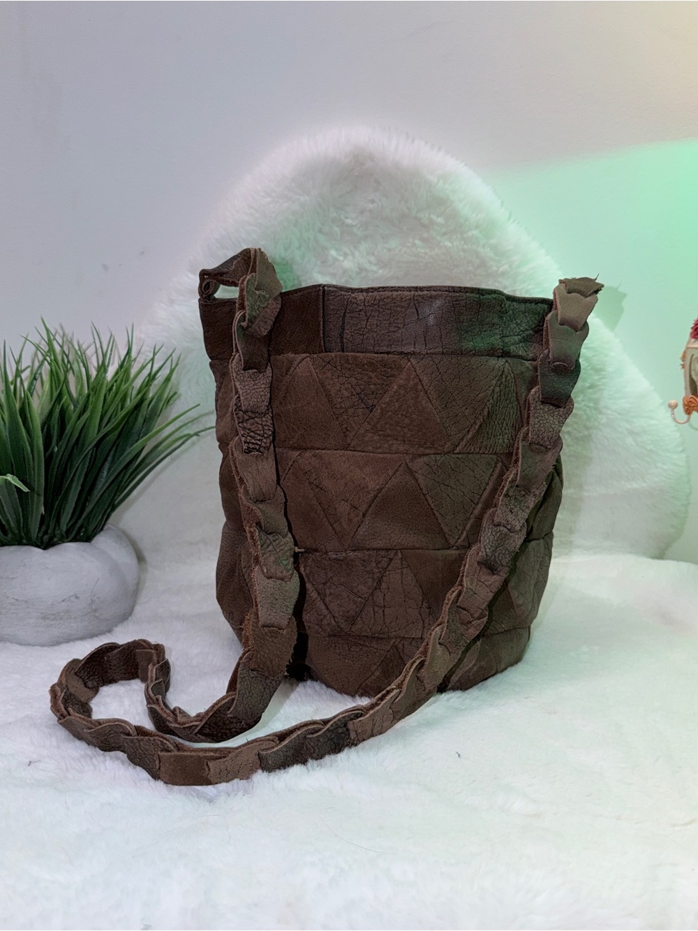 Brown Patchwork Bucket Bag with Braided Strap Hippie Boho Faux Leather Purse 🔥